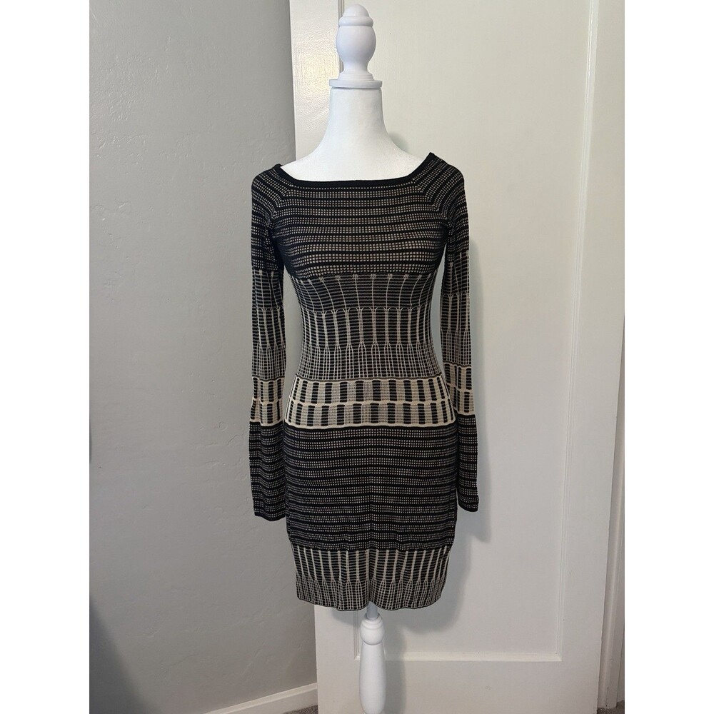 MAX STUDIO Knit Sweater Bodycon Dress XS Black Beige Mini Boat Neck Art Deco